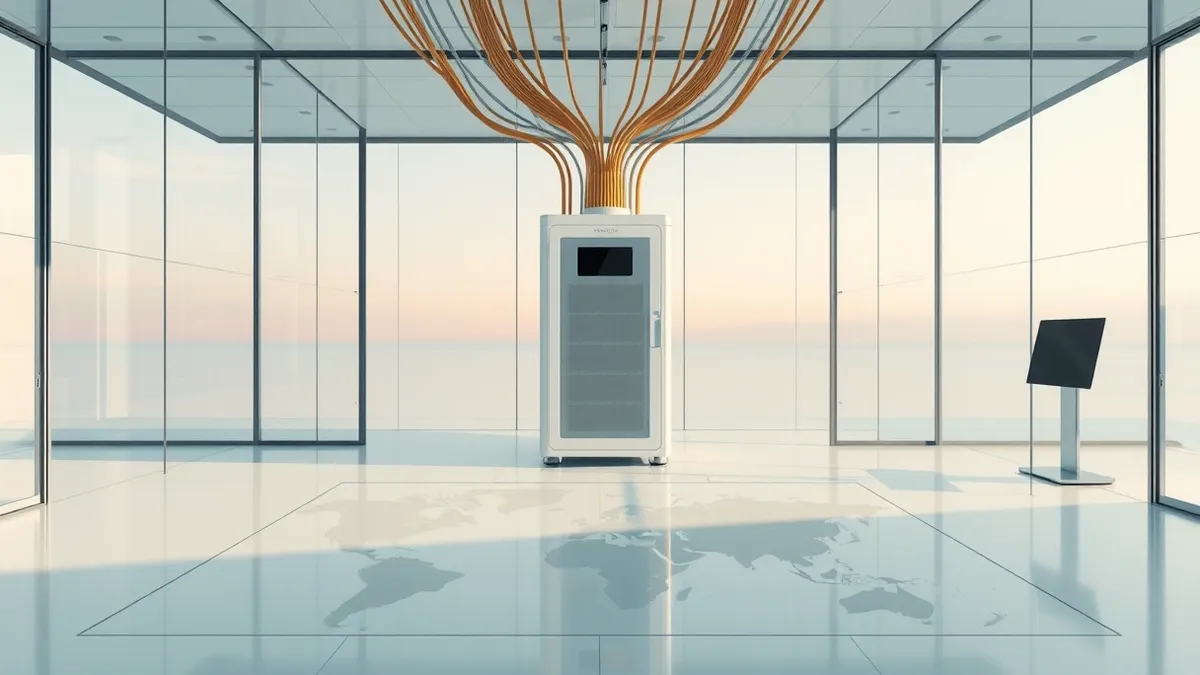Illustration: A sleek, white server unit sits firmly inside a glass-walled room.