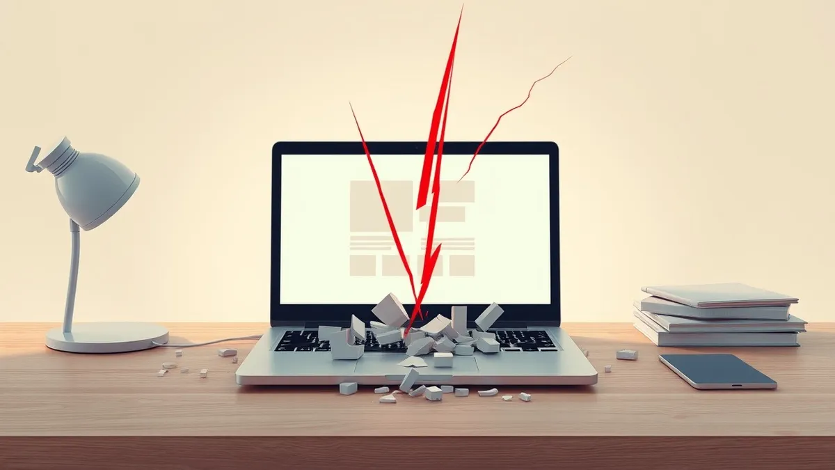 Illustration: A sleek silver laptop sits on a clean desk with its screen displaying abstract geometric shapes.