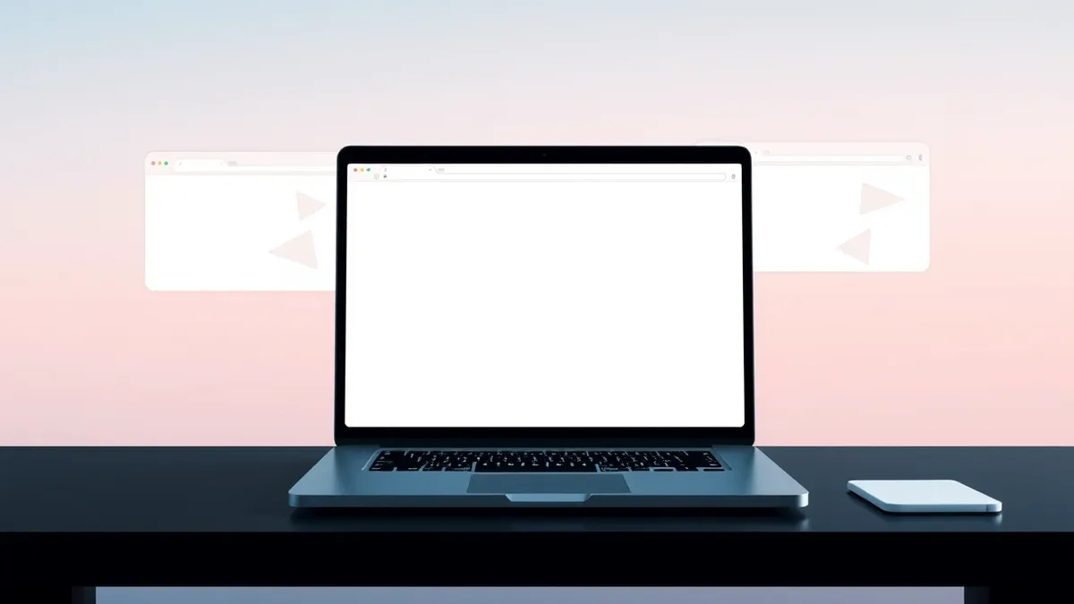 Illustration: A sleek laptop sits on a dark desk with its screen displaying a single generic web browser window.