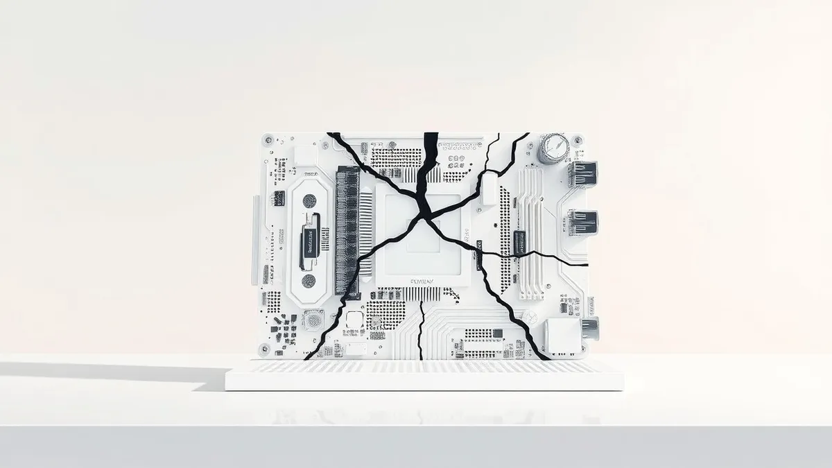 Illustration: A pristine white computer motherboard sits isolated on a clean workbench, its perfect surface reflecting overhead light like a mirror.