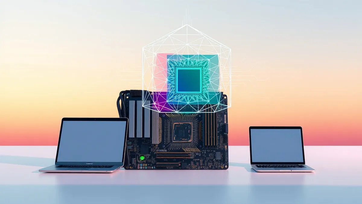Illustration: A transparent geometric shield hovers just above a detailed computer motherboard, intercepting colorful streams of data before they reach the central processor chip.