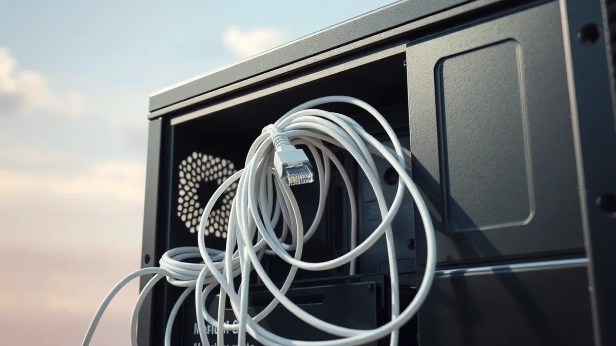 Illustration: A tangled knot of white ethernet cables spills out of a small ventilation hole in a black desktop computer case.