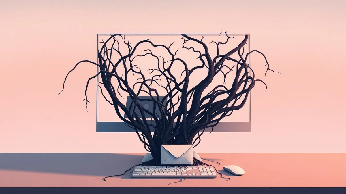 Illustration: A transparent computer monitor displays a clean desktop while a dark, tangled web of roots grows from the bottom edge, wrapping around the internal hardware and snaki