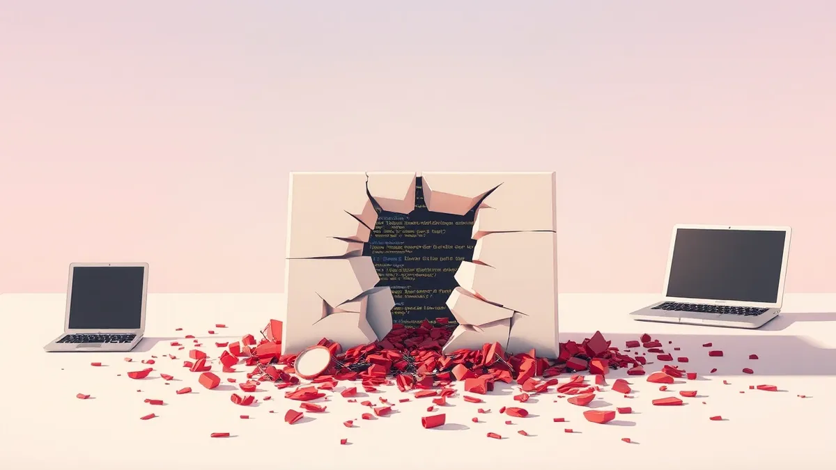 Illustration: A fractured version of a software package sits on a clean digital surface.