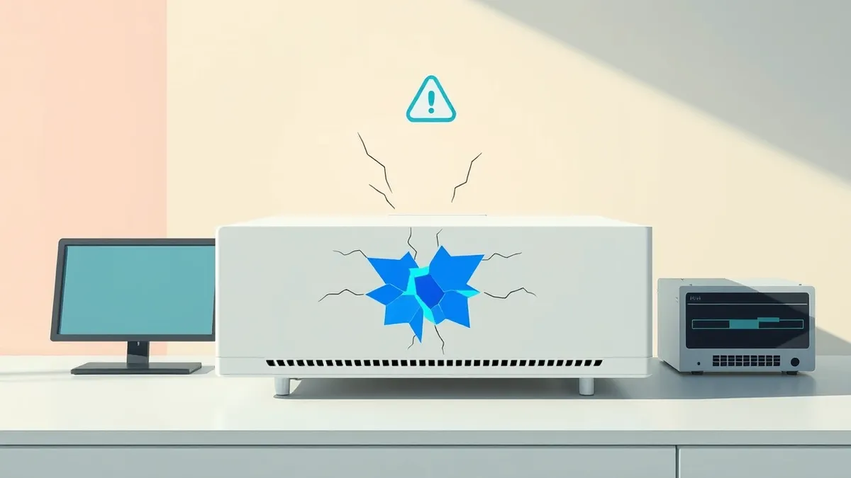 Illustration: A sleek white network appliance sits on a desk, its front panel displaying abstract blue warning shapes.