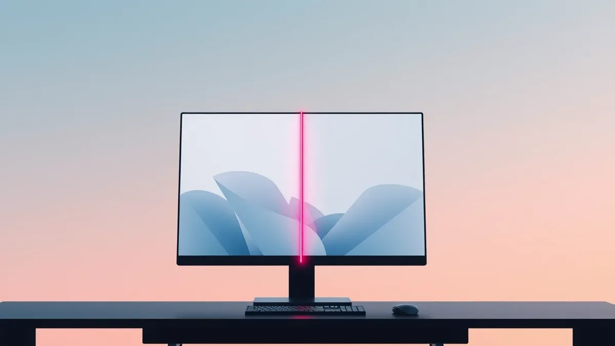 Illustration: A sleek, minimalist artificial intelligence interface sits on a dark desk, its blank screen displaying soft, abstract geometric shapes in muted blues.