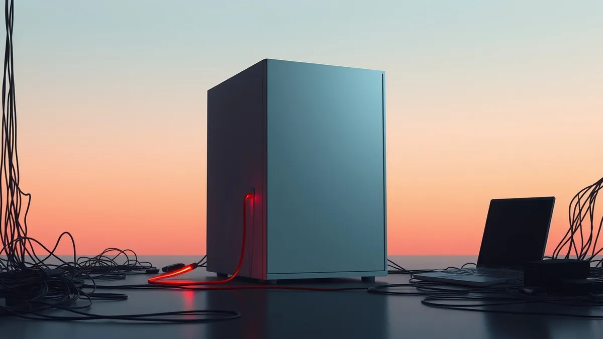 Illustration: A solitary, pristine white server sits isolated in a dark room, connected by a single glowing red cable to a chaotic tangle of wires.