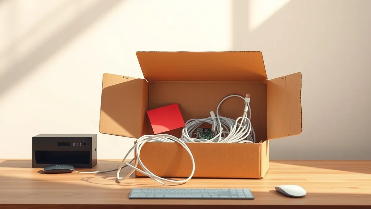 Illustration: An open cardboard box sits on a wooden desk, revealing a tangle of white ethernet cables and a small circuit board.