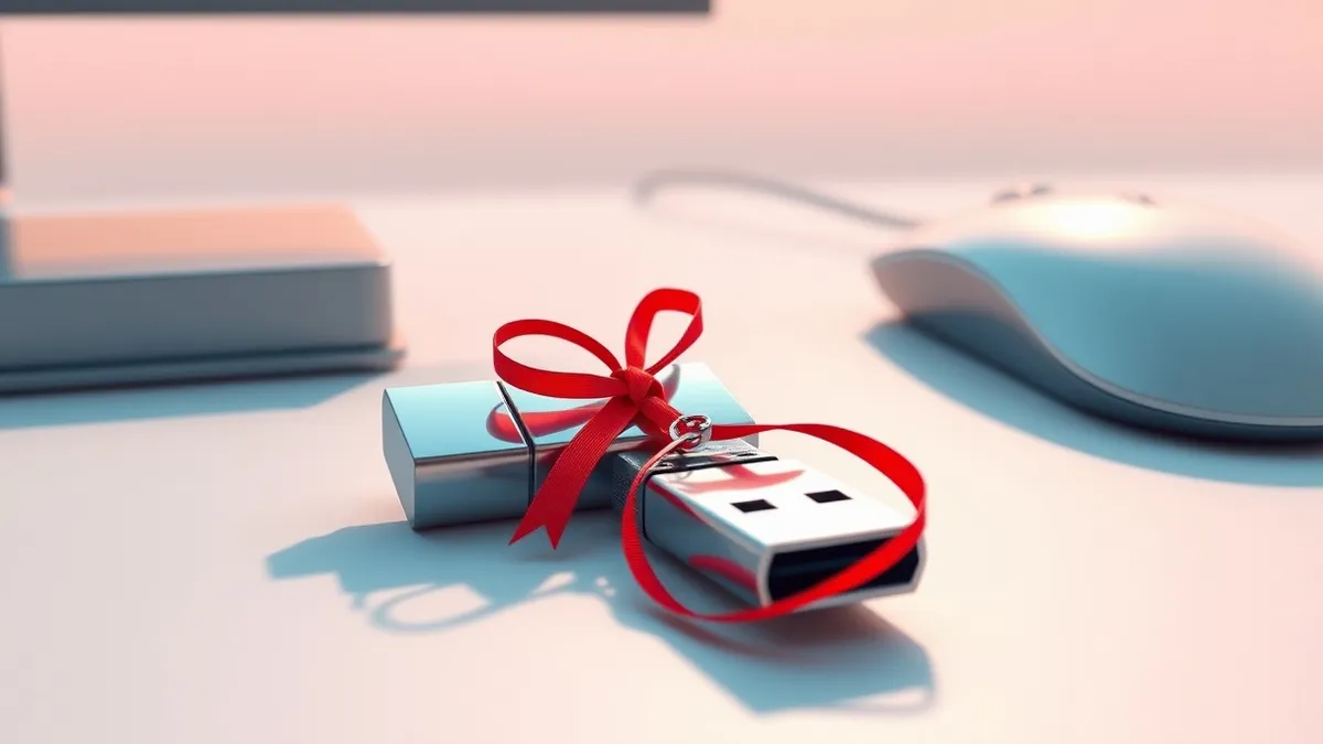 Illustration: A glossy USB drive rests on a sterile desk next to a generic computer mouse.
