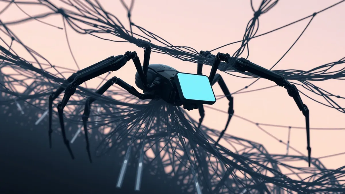 Illustration: A sleek black robotic spider with multiple articulated legs crawls across a dark, tangled web of glowing silver threads.