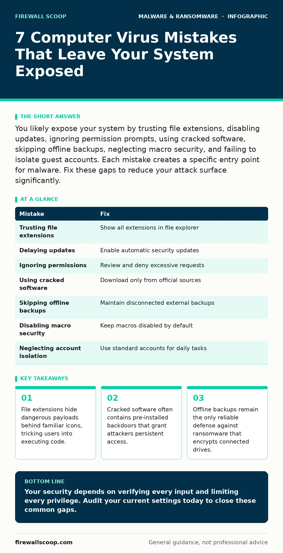 Infographic: 7 Computer Virus Mistakes That Leave Your System Exposed. File extensions hide dangerous payloads behind familiar icons, tricking users into executing code. Cracked software often contains pre-installed backdoors that grant attackers persistent access. Offline backups remain the only re