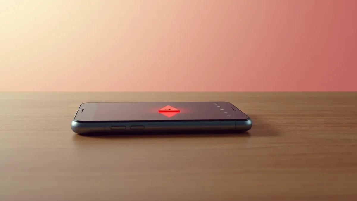 Illustration: A sleek smartphone rests on a wooden desk, its screen displaying a single red warning triangle with an exclamation mark.