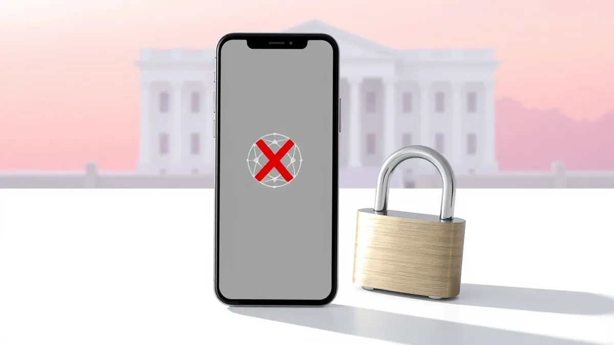 Illustration: A sleek black smartphone rests on a sterile white federal office desk, its screen displaying a blank gray interface with a single red 'X' hovering over an abstract ne