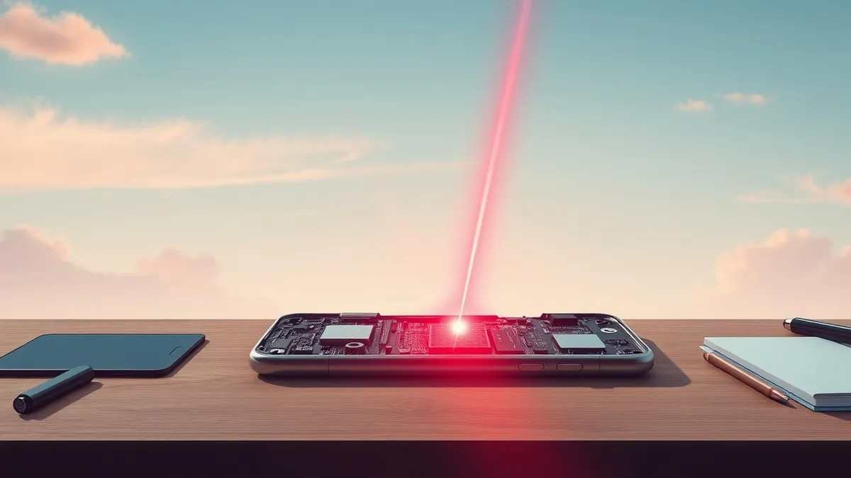 Illustration: A disassembled smartphone lies open on a workbench, exposing the tiny circuit board beneath the battery.