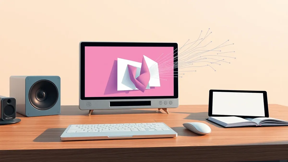 Illustration: A sleek silver media player sits on a wooden desk, its screen displaying abstract geometric shapes that twist and bulge unnaturally.