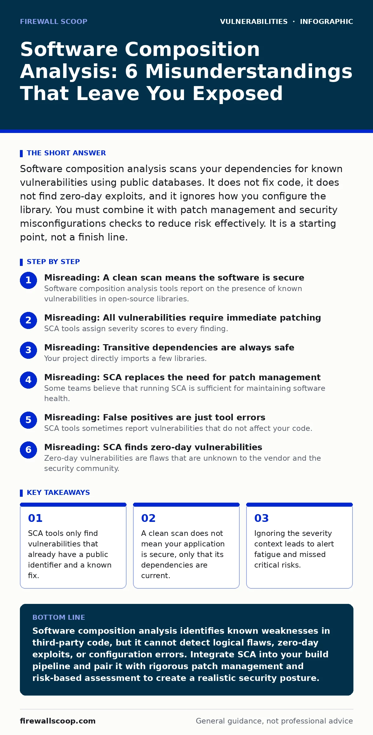 Infographic: Software Composition Analysis: 6 Misunderstandings That Leave You Exposed. SCA tools only find vulnerabilities that already have a public identifier and a known fix. A clean scan does not mean your application is secure, only that its dependencies are current. Ignoring the severity cont