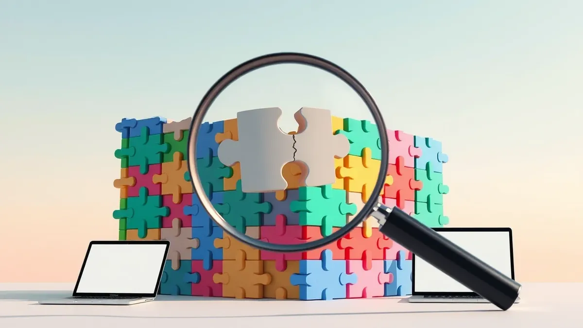 Illustration: A magnifying glass hovers over a stack of colorful interlocking puzzle pieces representing software libraries.