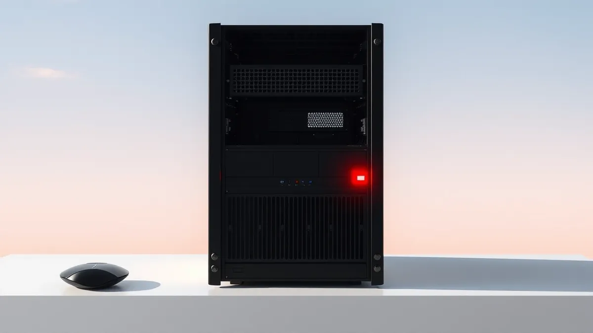 Illustration: A sleek black server blade sits isolated on a clean white desk, its rear ports empty and quiet.