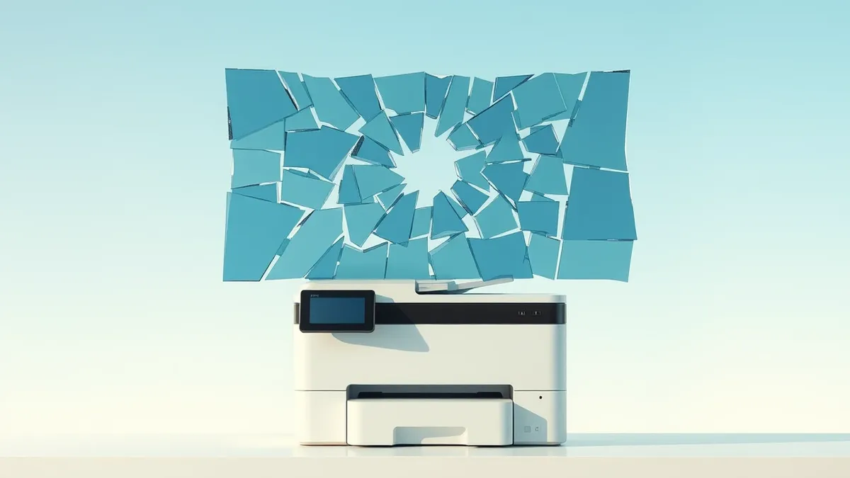 Illustration: A cracked, fragmented glass sheet floats above a generic office printer.