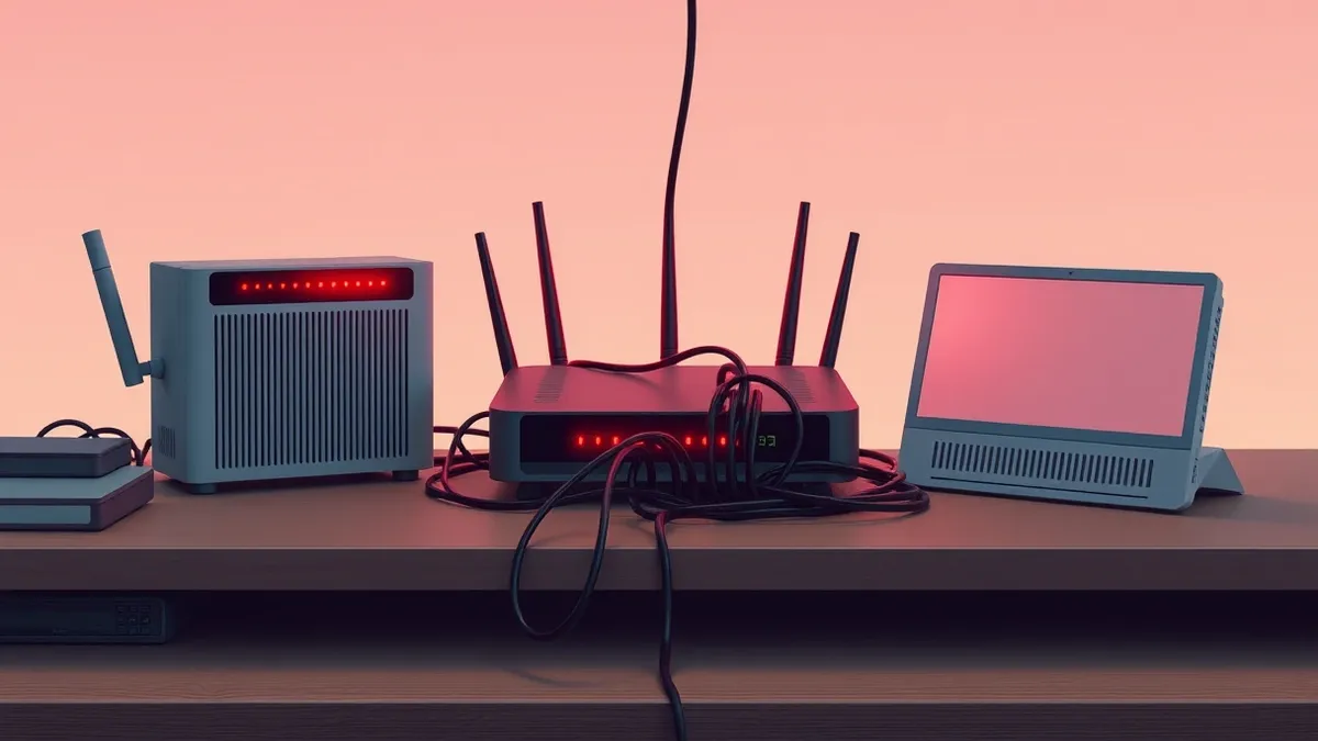 Illustration: A cluttered desk holds three distinct home internet routers with their status lights glowing an alarming red.