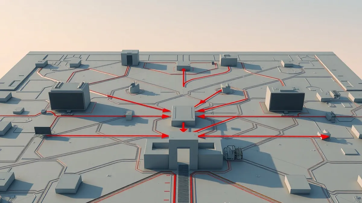 Illustration: A detailed digital map displays interconnected nodes and pathways in neutral gray tones.