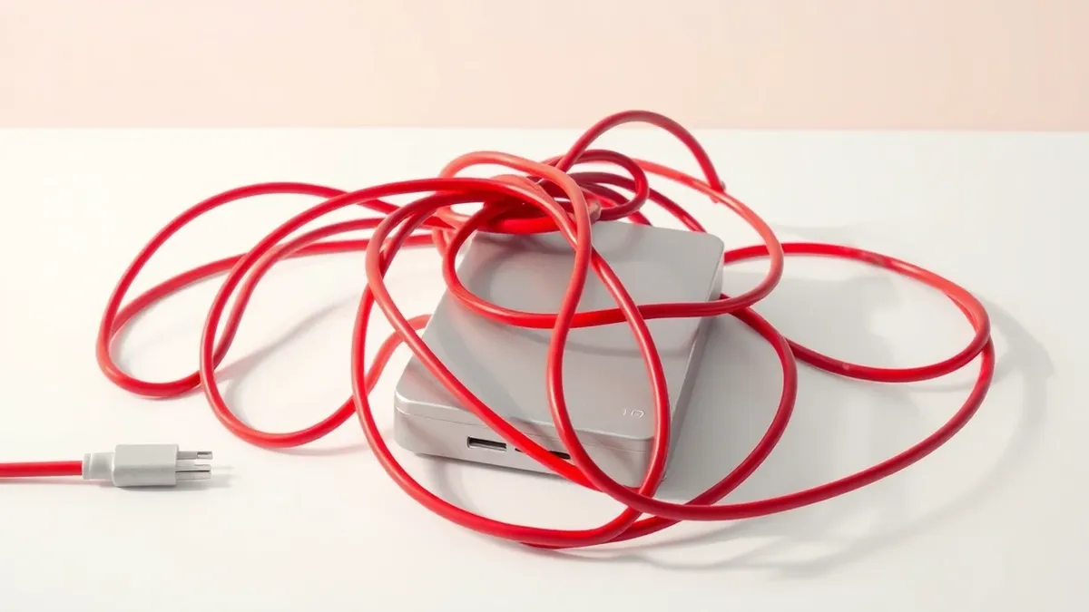 Illustration: A tangled knot of red cables wraps tightly around a sleek silver external hard drive.