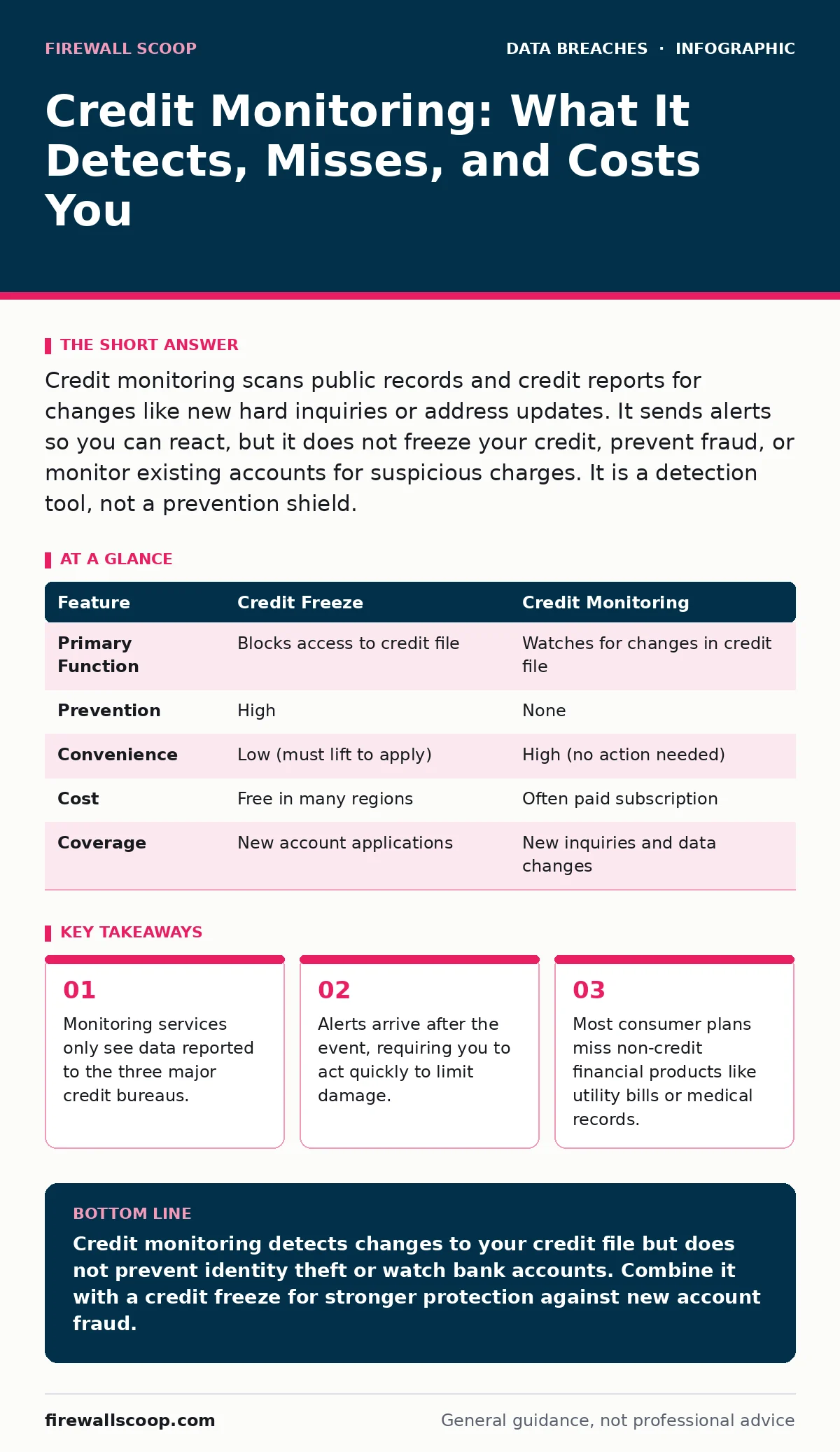 Infographic: Credit Monitoring: What It Detects, Misses, and Costs You. Monitoring services only see data reported to the three major credit bureaus. Alerts arrive after the event, requiring you to act quickly to limit damage. Most consumer plans miss non-credit financial products like utility bills