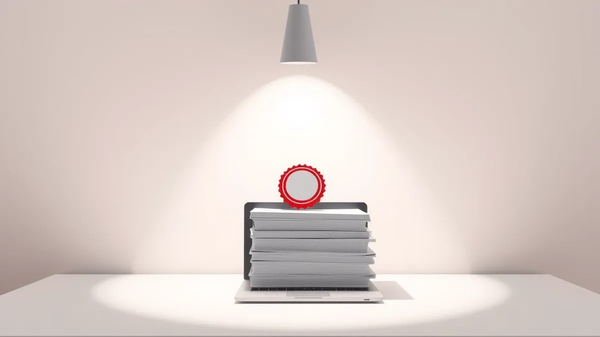 Illustration: A small office desk holds a generic laptop and a single red emergency alert badge.