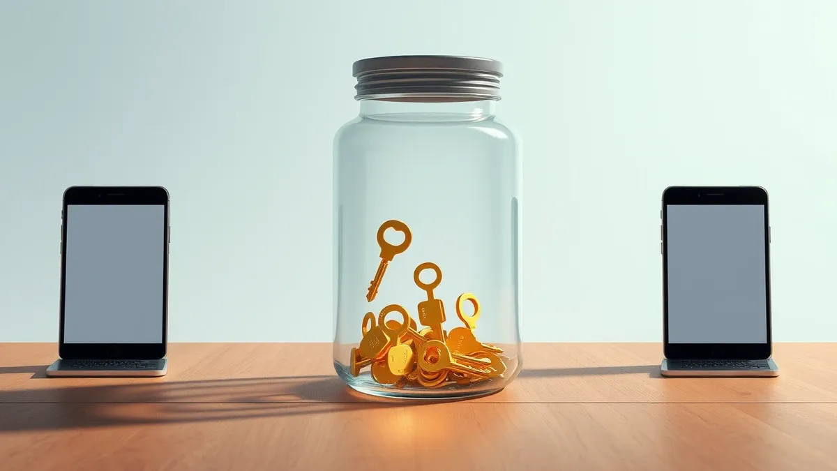 Illustration: A transparent glass jar sits on a wooden table, filled with glowing golden keys that represent session tokens.