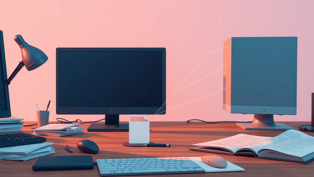 Illustration: A single malicious shortcut icon rests on a cluttered wooden desk next to a standard Windows folder.