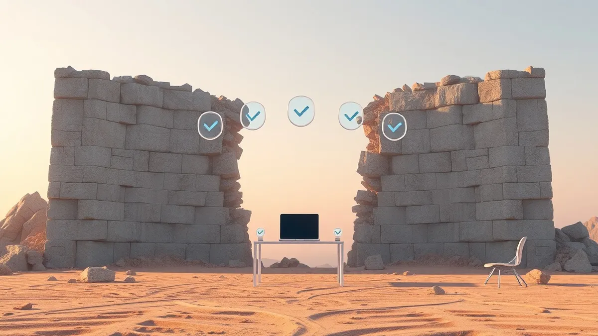 Illustration: A thick stone wall surrounding a digital office crumbles into dust.