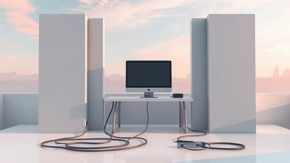 Illustration: A single desktop computer sits isolated on a clean desk, surrounded by large grey walls that block connections to neighboring machines.