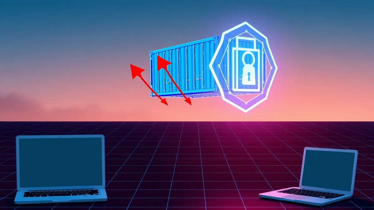 Illustration: A glowing blue container cluster floats above a dark digital grid.