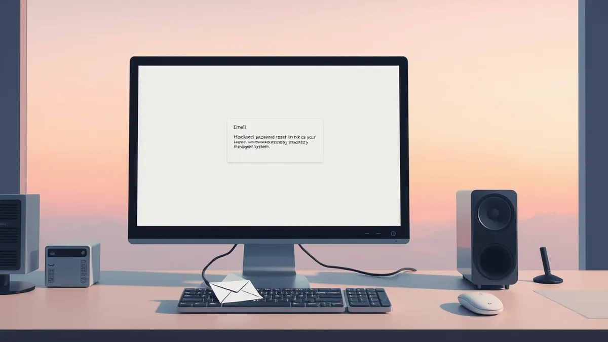 Illustration: A blank computer monitor sits on a desk, displaying a generic email application window with a single highlighted message.