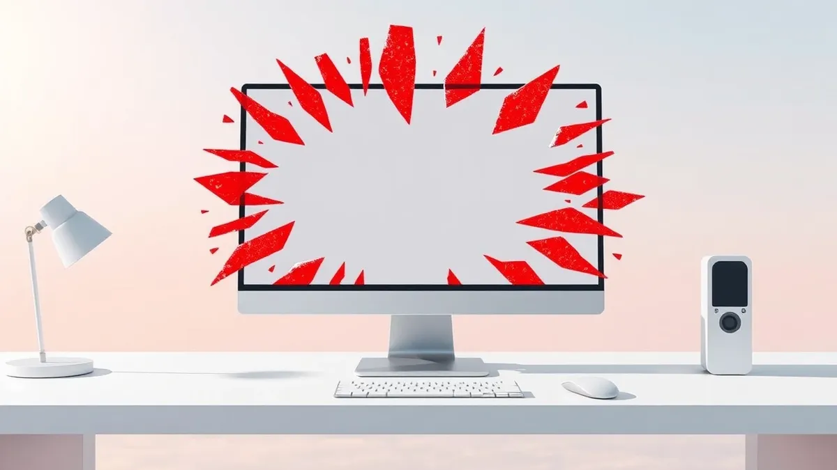 Illustration: A sleek desktop computer sits on a minimalist white desk with its monitor displaying a single, large blank window frame.