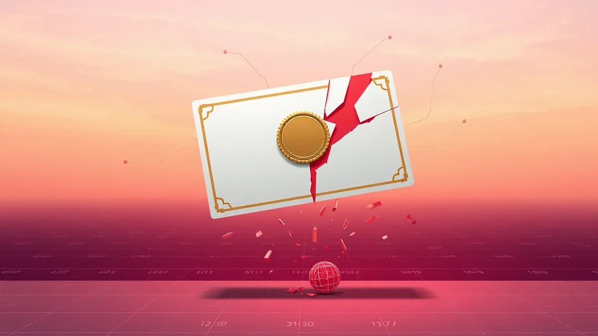 Illustration: A single white certificate card with a broken gold seal floats above a dark digital void.