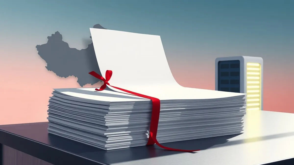 Illustration: A thick stack of blank white papers sits on a metal desk, bound with a red ribbon.
