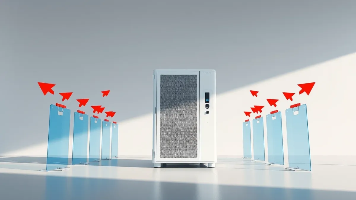 Illustration: A clean white server sits in a modern office, surrounded by translucent blue shields that deflect incoming red arrows.