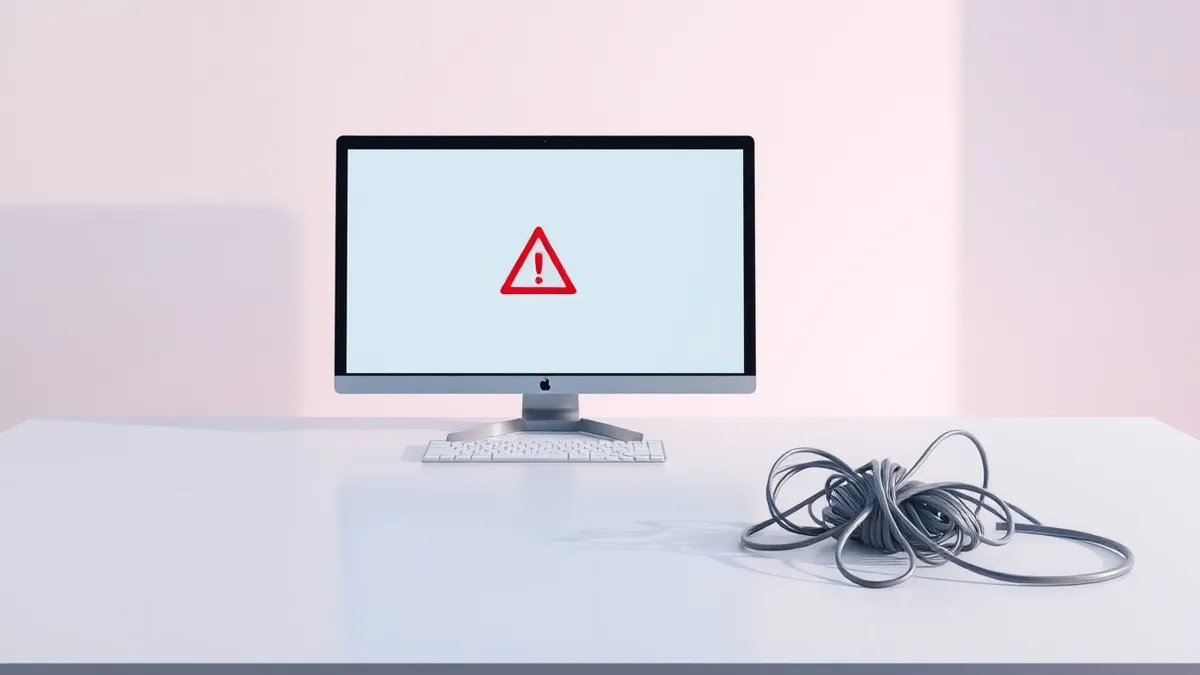 Illustration: A sleek, silver desktop computer sits on a clean white desk beside a single red warning triangle.