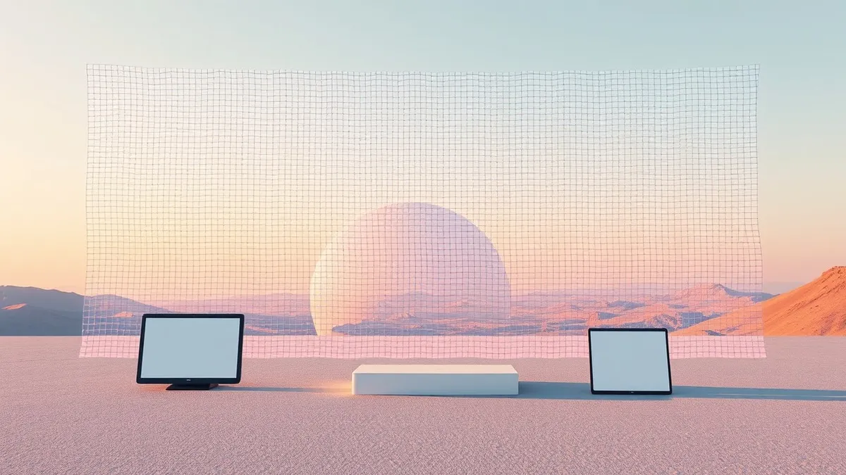 Illustration: A transparent digital mesh filters chaotic jagged shapes while smooth organic curves pass through unharmed.