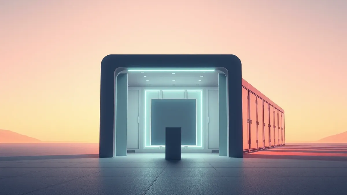 Illustration: A sleek digital gatekeeper stands before a row of glowing container pods, blocking a misshapen block from entering.