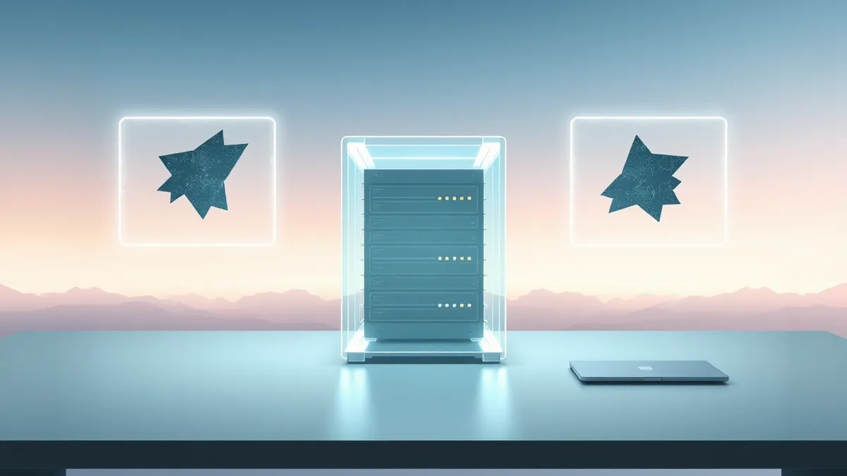 Illustration: A transparent glass database server sits isolated on a sleek desk, surrounded by three distinct, glowing force fields of varying opacity.