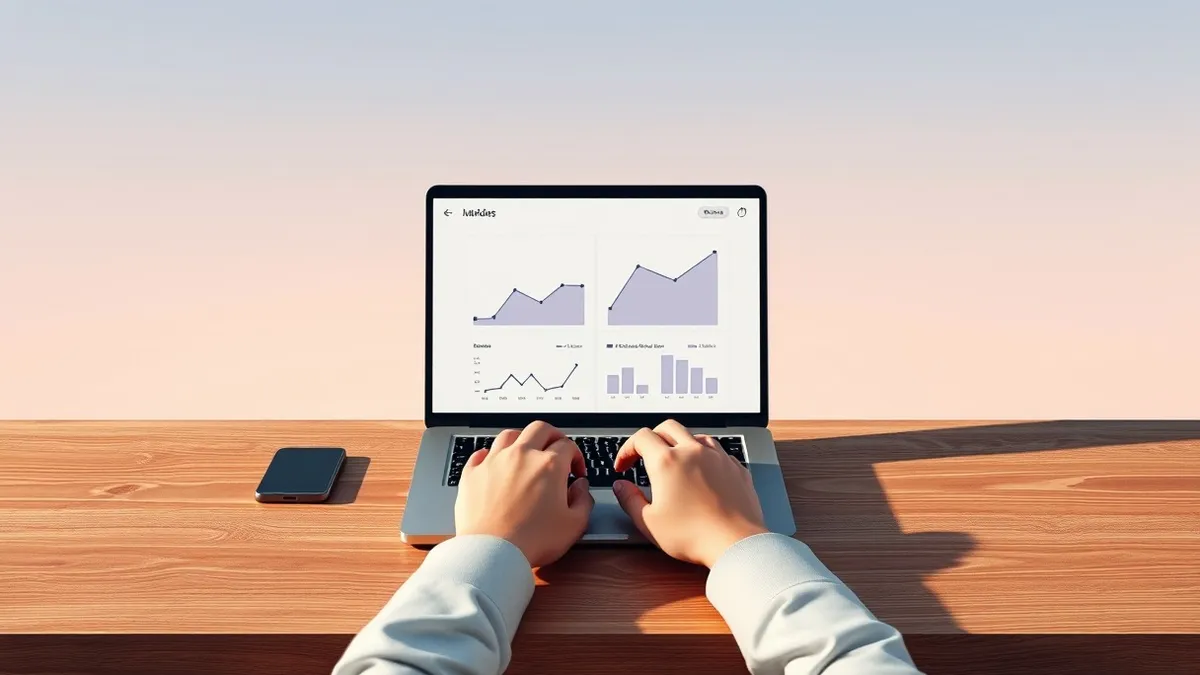 Illustration: A small wooden desk holds a single laptop displaying a blank dashboard with two distinct abstract charts, one shaped like a rising arrow and the other a flat line.