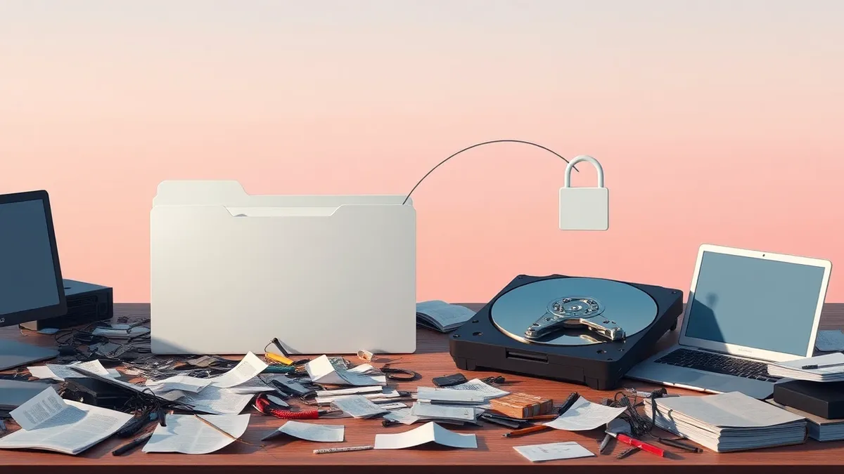Illustration: A blank white folder icon sits on a chaotic desk surface.