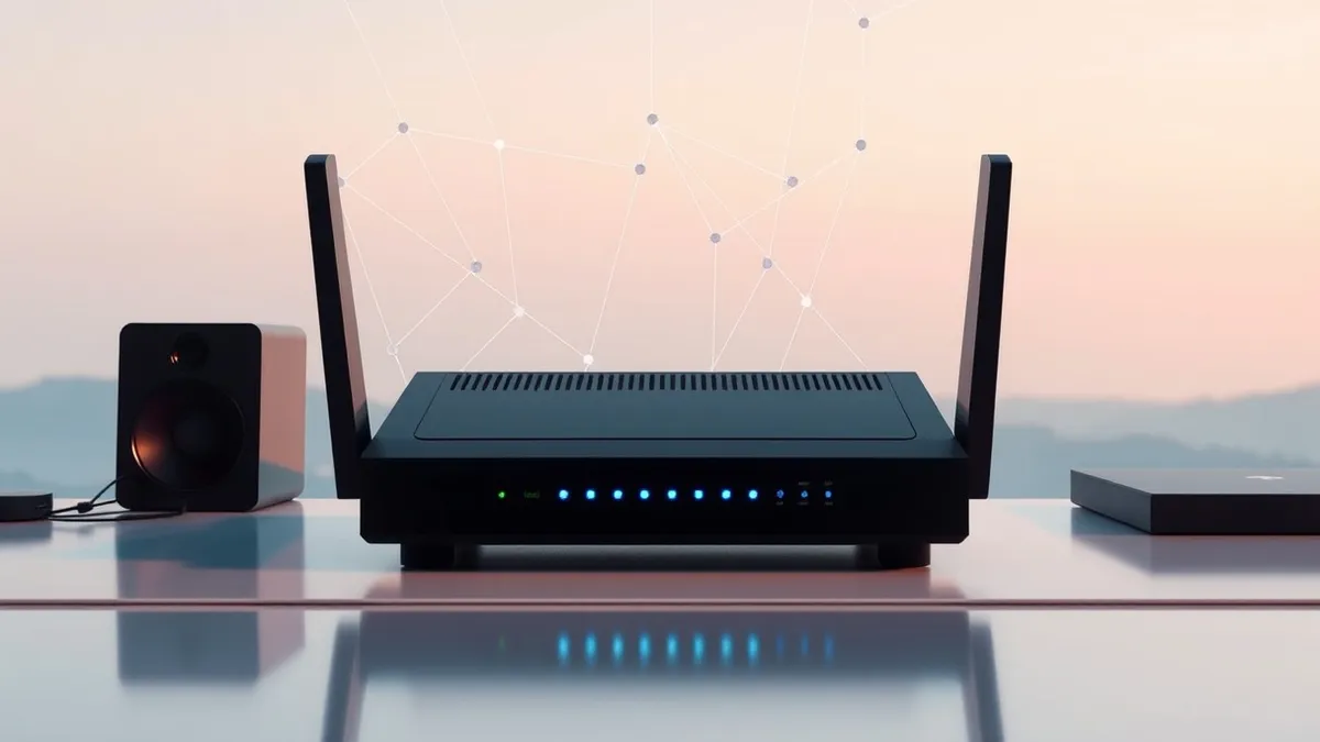 Illustration: A sleek black router sits on a polished desk, its front panel glowing with soft blue indicator lights.