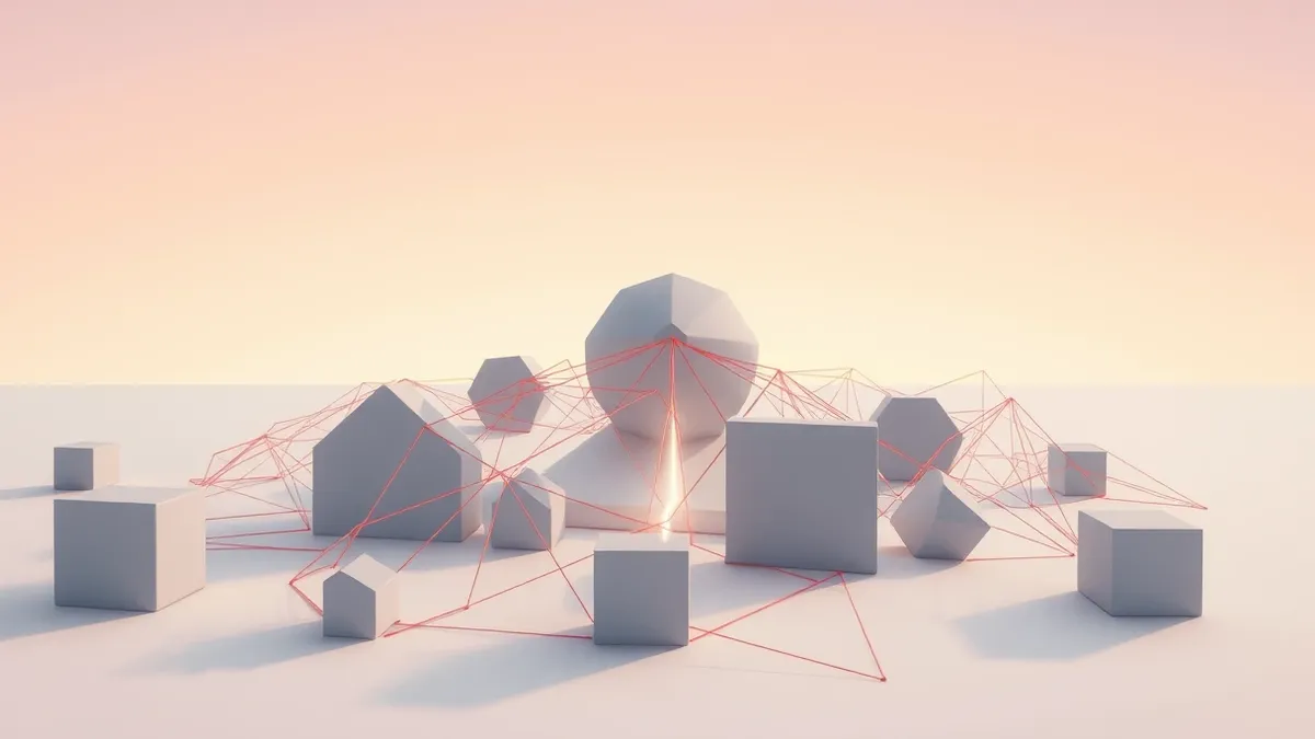 Illustration: A tangled web of thin red threads connects various abstract grey geometric shapes on a white surface.