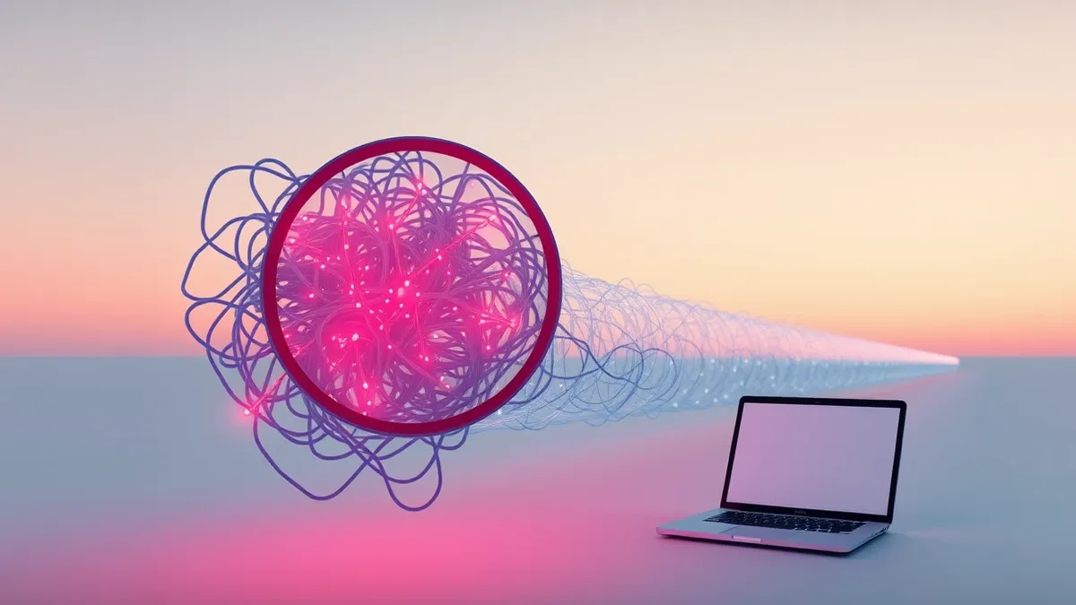 Illustration: A tangled web of glowing data streams flows through a transparent digital pipe, where subtle red pulses hide among the regular blue flow.