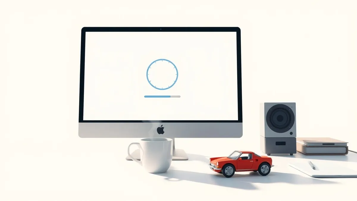 Illustration: A computer monitor displays a frozen loading wheel on a blank white background while a coffee cup sits untouched beside it, steam long gone.