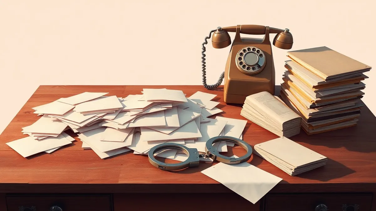 Illustration: A dusty wooden desk holds a scattered pile of blank white envelopes and a vintage rotary telephone.