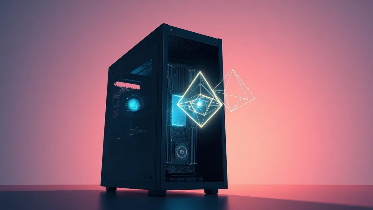 Illustration: A sleek server tower sits in a dim room, its side panel removed to reveal internal circuitry.